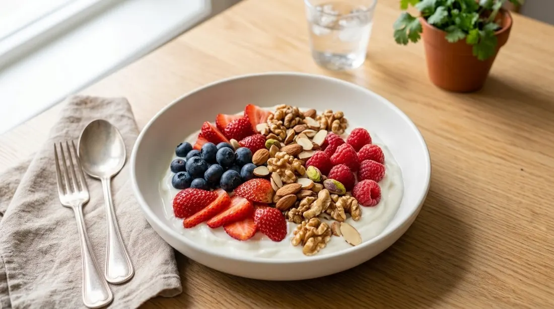 Bowl de yogur griego, frutos rojos y frutos secos
