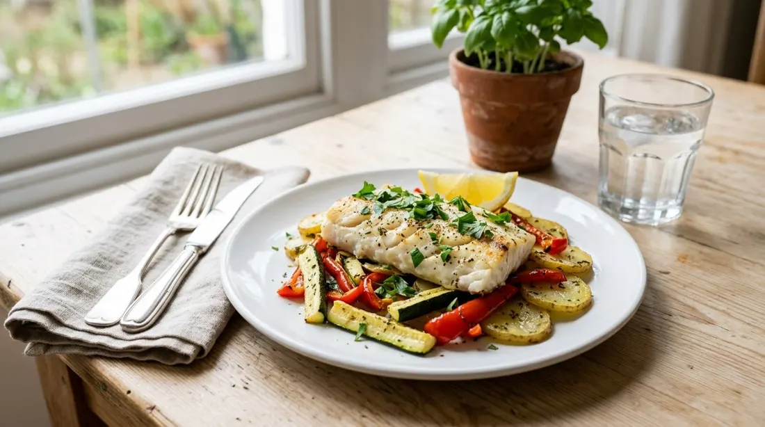 Merluza al papillote con verduras