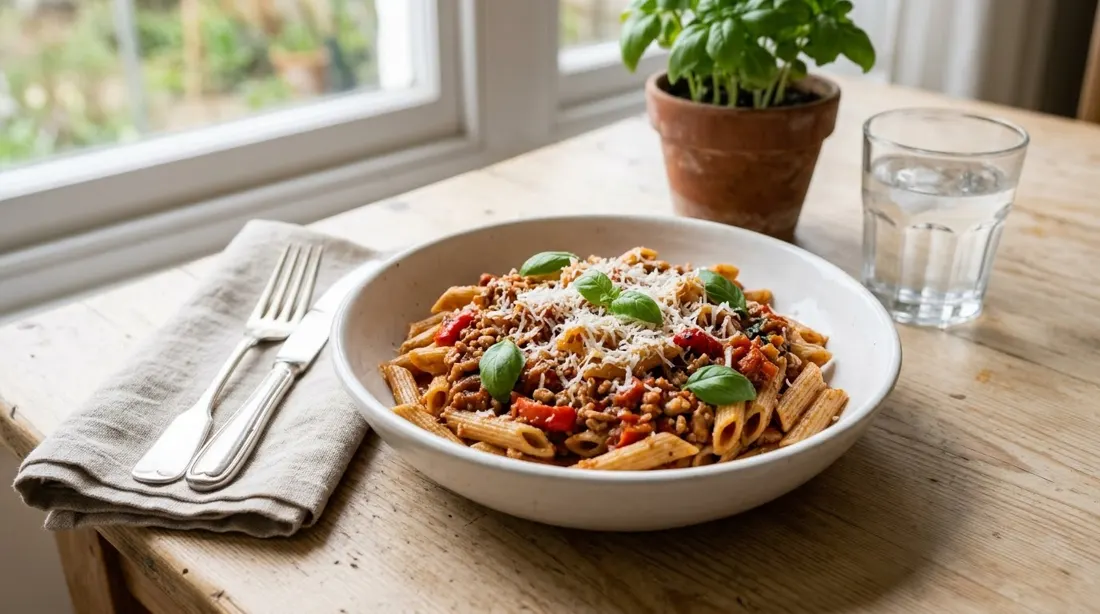 Pasta integral con pavo y tomate