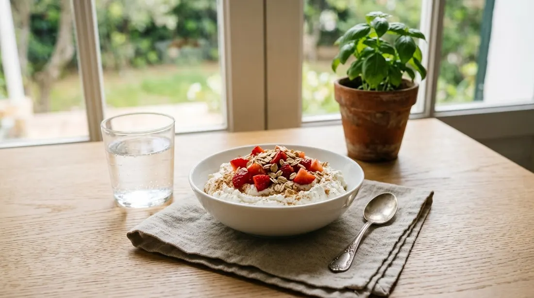 Queso batido con fresas y avena