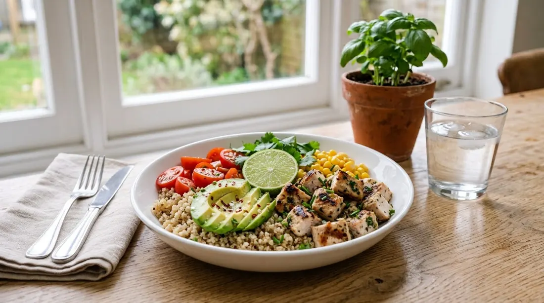 Bowl de quinoa, pollo y aguacate